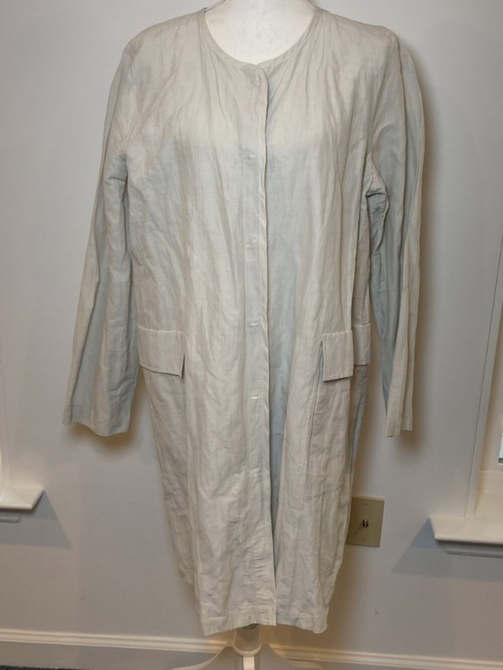 Eileen Fisher Duster Jacket Snap Lagenlook Organic Cotton Nylon Ivory Crinkle M